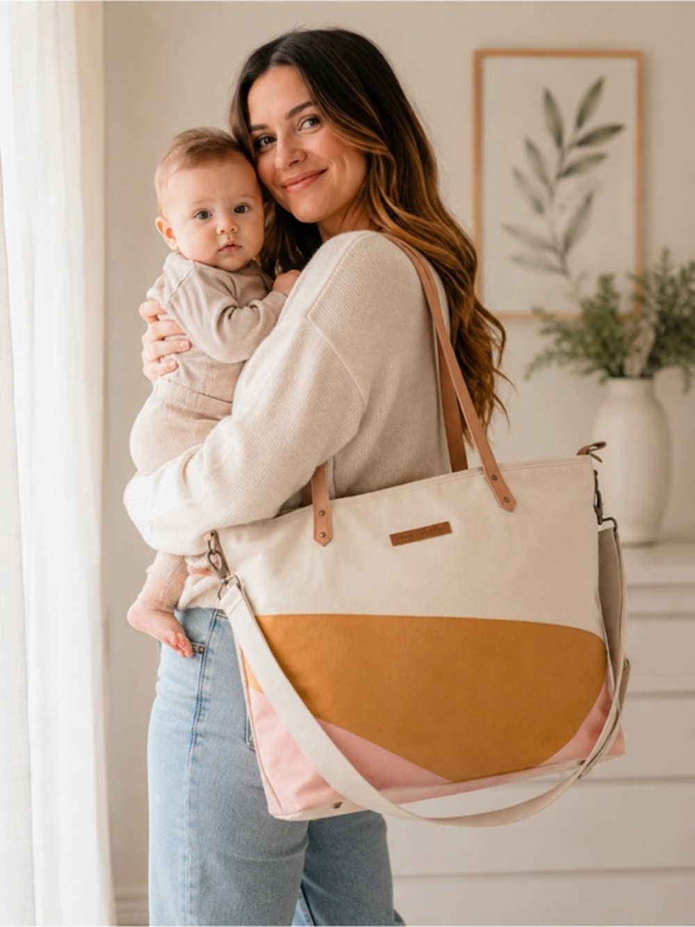 Petunia Pickle Bottom Downtown Tote Diaper Bag Colorblock Canvas Pink Tan Cream
